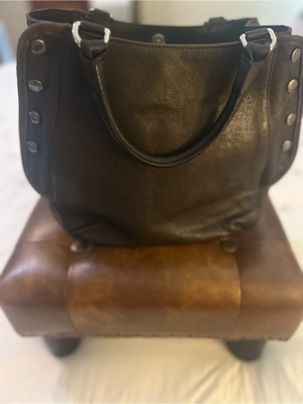 Furla dark brown mixed leather bag with Black Leather handles